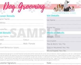 Dog Grooming record card PDF client digital download template