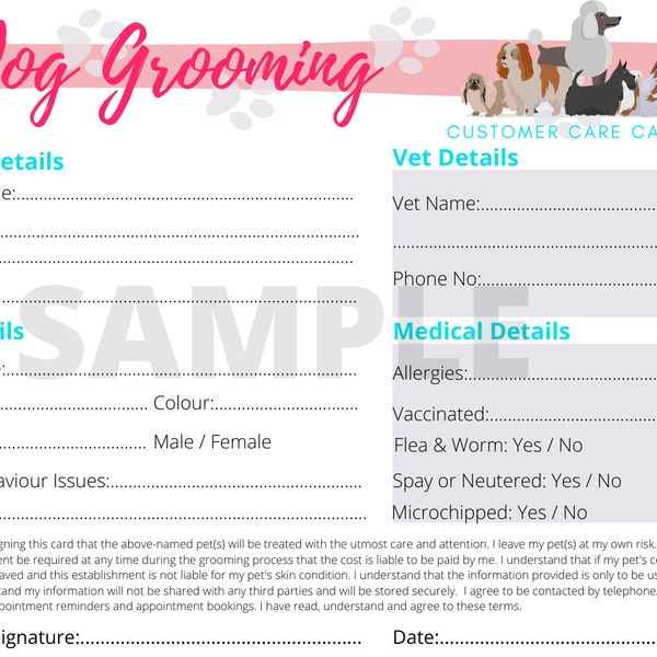 Dog Grooming record card PDF client digital download template