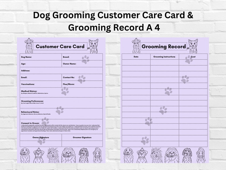 Grooming Section Lettering Dog Grooming Form Record Card A4 PDF Purple Client Digital Download ...