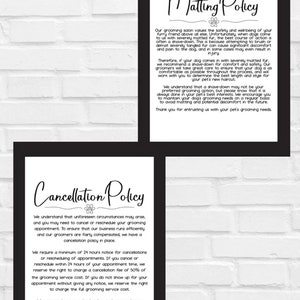 Honden verzorgen matten en annuleringsbeleid bundel digitale download sjabloon demat huisdier salon teken poster