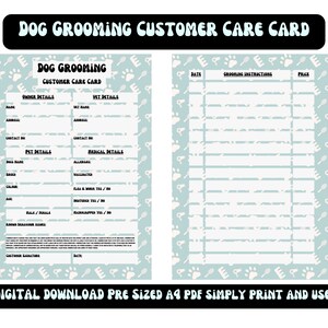 Hondentrimformulier recordkaart A4 PDF Groene klant digitale downloadsjabloon