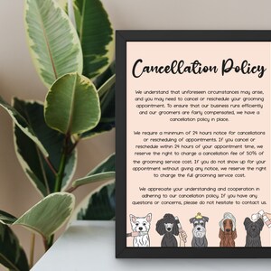 May include: A pink and white sign with black text outlining a cancellation policy for a pet grooming business. The text states that a minimum of 24 hours notice is required for cancellations or reschedulings. The sign is illustrated with five cartoon dogs getting groomed.