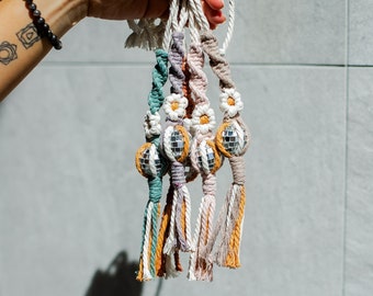 Disco Ball Car Charm, Car Charm, Macrame Car Accessory, Boho Rearview Mirror Accessory