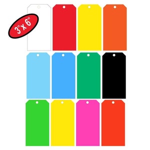 May include: A set of 12 blank 3" x 6" tags in various colors, including white, red, yellow, orange, light blue, blue, green, black, lime green, yellow, pink, and red. The tags have a hole punched at the top for hanging.
