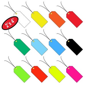 May include: Twelve 2" x 4" blank gift tags with string attached. The tags are in various colors: white, yellow, orange, red, green, light blue, dark blue, black, lime green, red, yellow, and pink.