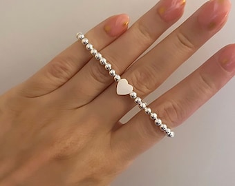 Silver heart bracelet, pearl heart bracelet, womens stretch bracelet, womens bead bracelet