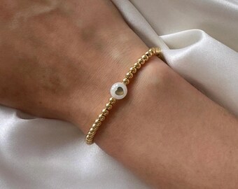 Freshwater pearl and gold heart bead bracelet, 4mm gold plated beads, stretch bracelet for women, gold bead bracelet for women