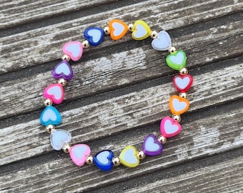 Beaded heart bracelet, colourful bracelet, cute bracelet for girls, kids party bag bracelet, colourful stretchy beaded bracelet