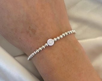 Silver Heart Bracelet for Her, Womens Stretch Bracelet with Silver Beads and Heart Detail, Valentines Jewellery Gift