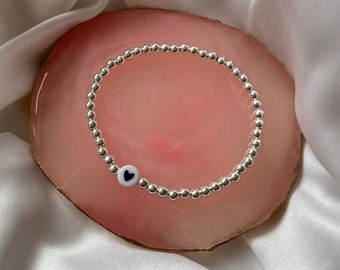 Silver heart bracelet, black and white heart bracelet, stacking bracelet, womens silver bracelet