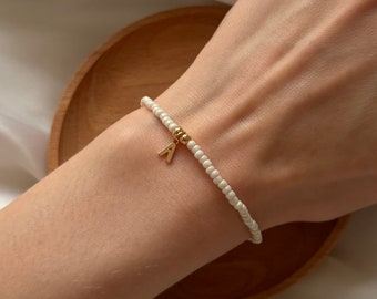Gold and pearl cream detail initial bracelet, personalised dainty bracelet, alphabet charm bracelet, choose your initial