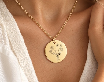 Birth flower bouquet necklace, combined family flower pendant, waterproof engraved necklace for mums, floral drawing personalised necklace