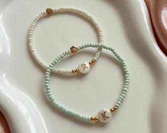 Pearl Letter Name Bracelet: Pastel Seed Beads, Gold Detail, Stretchy Seed Bead Bracelet for Women