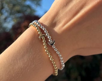 Crescent Moon Charm Bracelet, Gold or Silver Plated Beaded Stacking Bracelet for Women, 4mm Bead Jewellery for Her