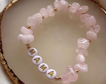 Personalised Rose Quartz Name Bracelet, Gold or Silver Lettered Crystal Bracelet for Her, Pink Gemstone Womens Bracelet Gift