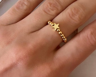 Gold star ring, stacking ring for women, fun beaded jewellery, cute dainty ring