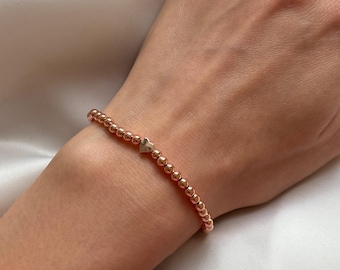 Plain rose gold heart bracelet for women, rose gold bead bracelet, basic beaded bracelet, small gifts for mums, sisters, nans, best friends