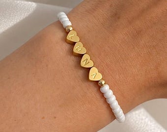 3D Engraved Heart Name Bracelet, Custom Gold Silver Letter Bracelet, Family Initials Bracelet, Personalised Beaded Bracelet Gift