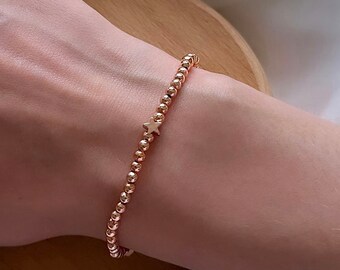 Rose gold star bracelet, rose gold 3mm beads, gold star bead stacking bracelet, dainty beaded bracelet