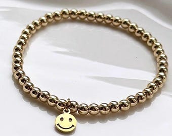 Gold or silver happy face bracelet, happy bracelet for women, smile bracelet, positivity charm bracelet, round bead bracelet