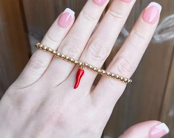 Chilli pepper charm bracelet for women, gold beaded bracelet with red pepper charm, charm bead bracelets, gold beaded bracelet for her