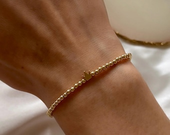 Small crown bead charm stacking bracelet for women, gold crown bead, 3mm beaded bracelet gold stacking bracelet for women