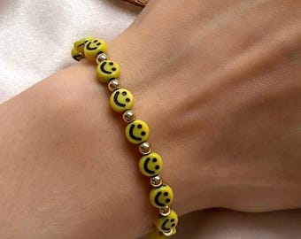 Yellow happy face bracelet, happy bracelet, gold beaded bracelet for women, yellow smile bracelet, positivity bracelet