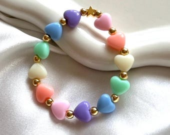 Pastel heart friendship bracelet for kids, personalised party bag gifts for girls, heart beaded bracelet for children, fun colourful gift