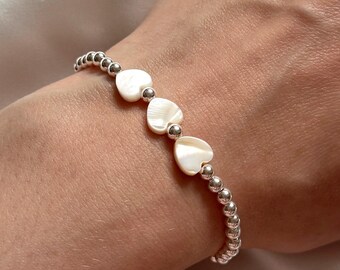 Three hearts silver bracelet, silver beaded bracelet, pearl heart beads, special gifts for mum, sister, grandma, friend