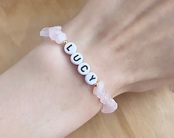 Rose quartz name bracelet, Crystal bracelet, gold beaded name bracelet, gemstone bracelet, personalised bracelet
