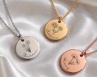 Personalised Birth Flower Name Necklace, Handmade Floral Engraved Necklace, Gift for New Mum,  Birth Date Memory Necklace