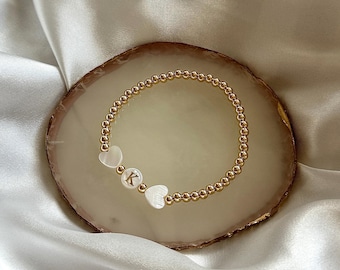 Gold Pearl Heart Letter Bracelet | Gold Plated or Gold Filled | 14kt Gold Filled Bracelet Gift for Mums, Sisters, Friends, Birthdays