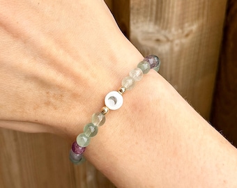 Crystal bracelet with freshwater pearl shell gold crescent moon bead and gold filled detail, choose your crystal, crystal mix and match