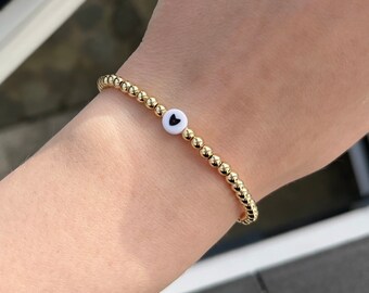 Gold heart bracelet, black and white heart bracelet, stacking bracelet, womens bracelet