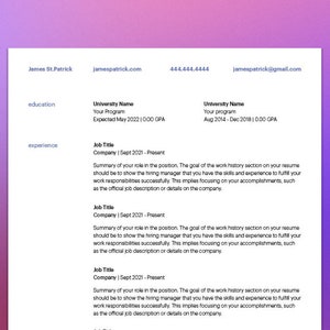 May include: A white resume template with sections for education and experience. The resume includes contact information, university details, job titles, and descriptions of work responsibilities. The document is on a white background with a purple gradient.