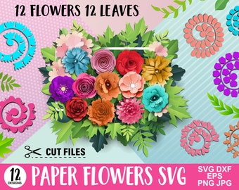 Flor de papel SVG, plantilla svg de flor enrollada, paquete SVG de flor y hoja de papel, svg de flor 3d, plantilla de flor de papel, archivos digitales