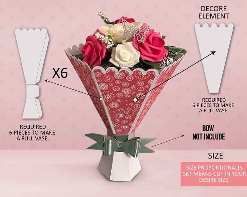 Bouquet of Paper Flowers, Paper Flower Bouquet with cut lines, Ramo de flores de papel, Vase for paper flowers, Valentines Present, DXF file zdjęcie 2