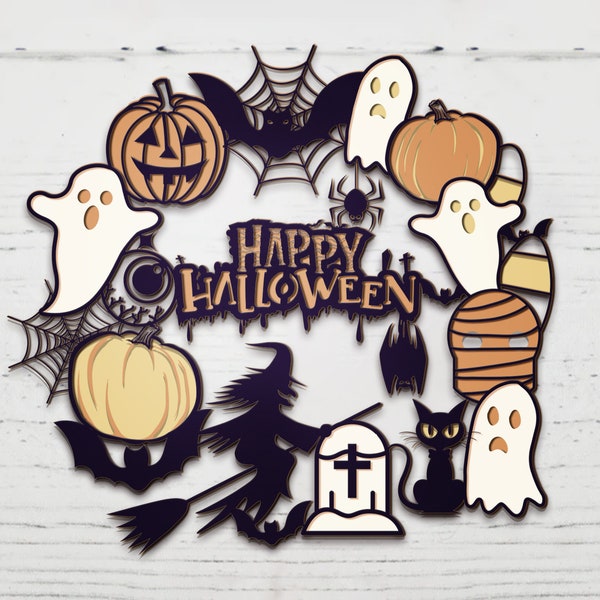 3D Halloween Decoration Wreath, Mandala Layered Digital Cut File, Interchangeable Door Hanger, Haunted House Sign, Spooky Halloween SVG.