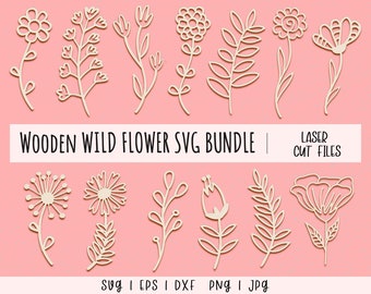 Wooden Bouquet SVG, Wildflowers SVG Bundle, Floral SVG, Wildflower Laser Cut Files, Wildflower Template, Glowforge Cricut Digital download