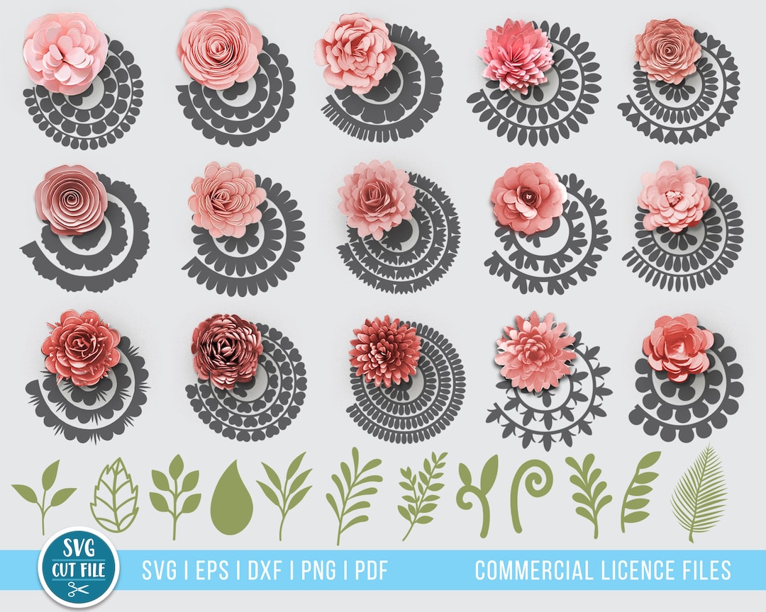 3D Flower SVG, Paper Flower & Leaf SVG Bundle, Rolled Flower Svg ...