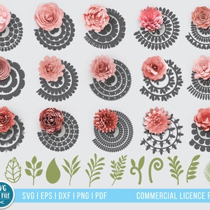 SVG de flores 3D, paquete SVG de flores y hojas de papel, plantilla svg de flores enrolladas, plantilla de flores de papel, archivos digitales