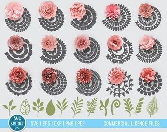 SVG de flores 3D, paquete SVG de flores y hojas de papel, plantilla svg de flores enrolladas, plantilla de flores de papel, archivos digitales