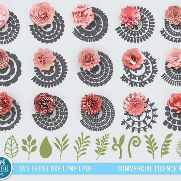 3D fleur SVG, lot de fleurs en papier et feuille SVG, modèle svg fleur roulée, modèle fleur en papier, fichiers numériques