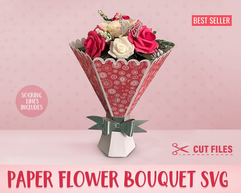 Bouquet of Paper Flowers, Paper Flower Bouquet with cut lines, Ramo de flores de papel, Vase for paper flowers, Valentines Present, DXF file image 1