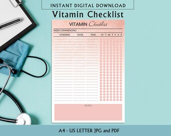 Lista de verificación de vitaminas, Lista de verificación diaria de vitaminas, Rastreador de vitaminas, Lista de verificación semanal de suplementos, Med Tracker, Dosis, A4, Carta de EE. UU. PDF