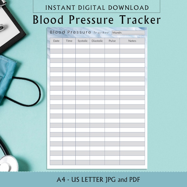 Blutdruck-Tracker, Blutdruck-Logbuch druckbar, Blutdruck-Tracker, Hypotension Tracking, BP Tracker, A4, US letter PDF