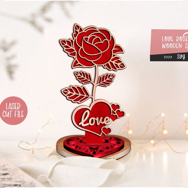 Drewniana ozdoba róży, walentynkowy plik wycinany laserowo Rose, walentynki SVG wycinany laserowo, różany plik wycinany laserowo, Glowforge Rose SVG, plik do pobrania