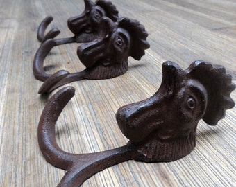 3x Cast iron coat hooks with rooster head - Rustic - Rural