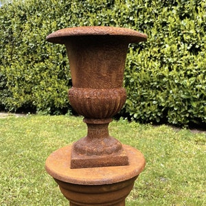 Op de afbeelding: Een roestige metalen plantenbak met een sokkel. De plantenbak heeft een traditionele urnvorm met een brede, ronde bovenkant en een smalle basis. De plantenbak staat op een groen gazon.