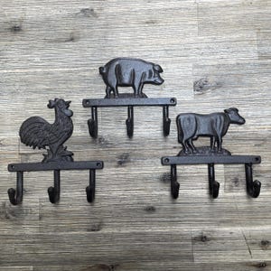 Rustika krokar - Handdukskrok - 3 krokar - Tupp - Ko - Gris
